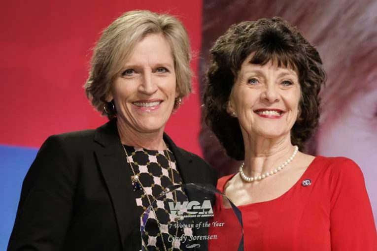 2017 Woman of the Year Cindy Sorensen of the Midwest Dairy Association with Lorelei Mottese, chair of the Women Grocers of America.