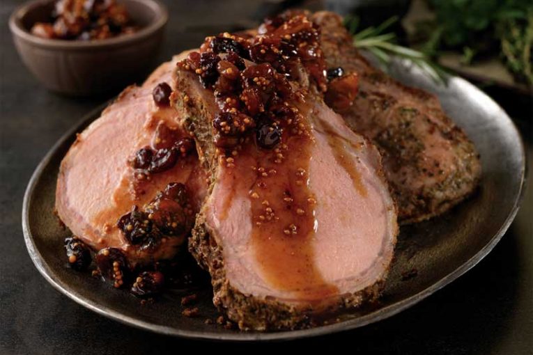 Dijon and Herb-Crusted Pork Chops with Dried Fruit Mostarda