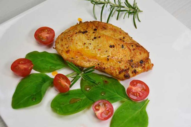 A plate of chicken and vegetables