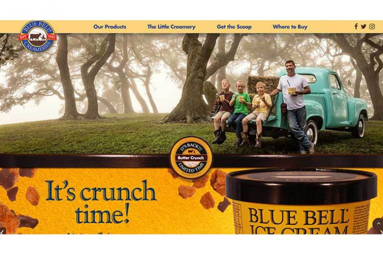A screenshot of the new Blue Bell website
