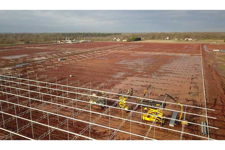 An aerial view of the construction progress of Pure Flavor's Georgia greenhouse