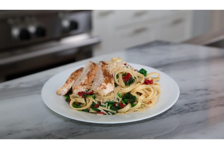 Basil garlic chicken fettuccine with spinach.