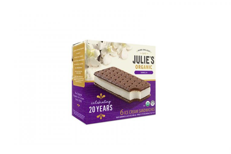 The new packaging for Julie's 20th anniversary ice cream sandwiches.