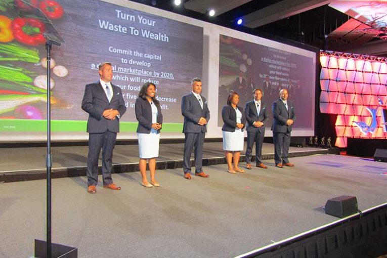 Team “Waste to Wealth,” from left: Chad Bersie, Cub Foods; Anuradha Raja, Mondelez; Mario Cruz, Costco; Ria Gray, Supervalu; Colin Cavanaugh, Niagara Bottling; and Robert Ascencio, Northgate Gonzalez Markets.