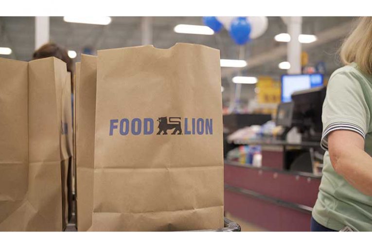 A closeup of a Food Lion shopping bag at checkout