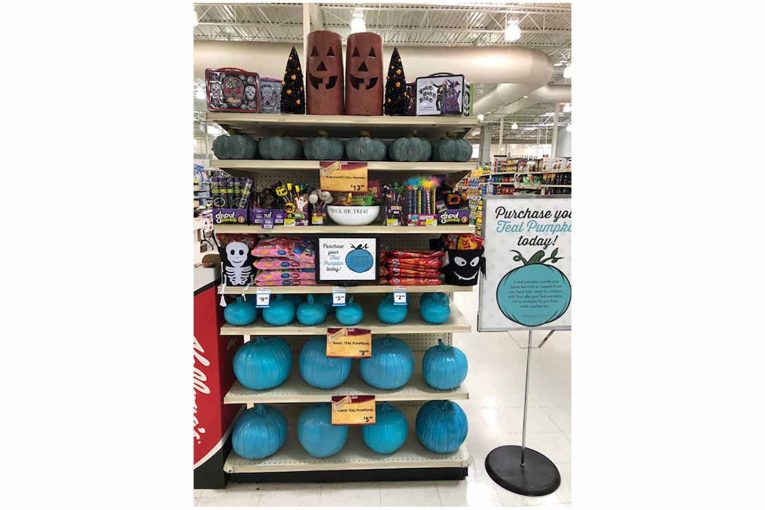 A teal pumpkin display