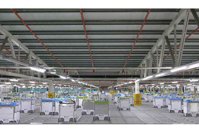 A picture of robots inside one of Ocado's fulfillment centers