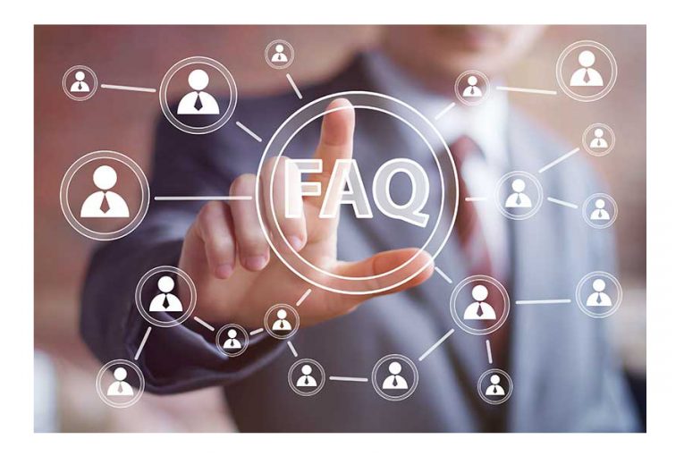 A man tapping an image of an FAQ button