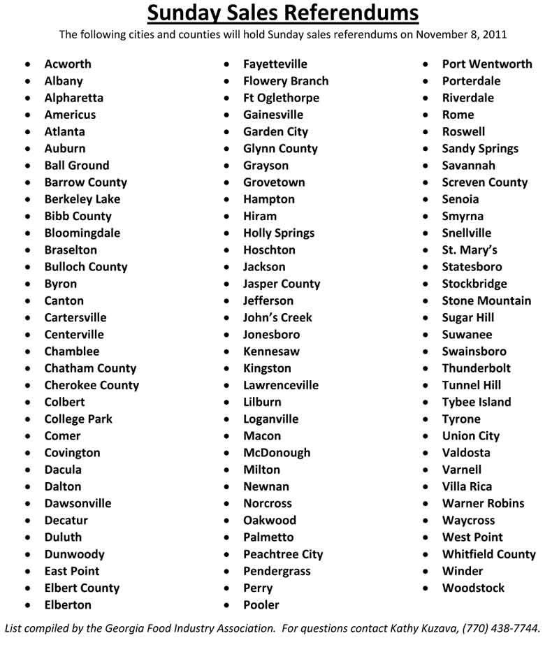 List of Ga cities considering sunday sales