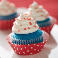 Firecracker Cupcakes: Uses one package of Pillsbury Funfetti Aqua Blue Cupcake & Cake Mix, red cupcake liners and white frosting.