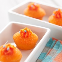 Sparkling Orange Cake Poppers: Use Pillsbury Funfetti Orange All Star baking mix and divide evenly into 36 prepared mini muffin cups. Bake 14 to 16 minutes and let cool completely. Whisk powdered sugar and lemon juice in a small bowl. Dip tops of cake poppers into the prepared glaze mixture then into the decorator sugar to coat. Pipe small swirl of orange frosting on top of each cake popper and sprinkle with candy bits. 