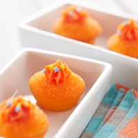 Sparkling Orange Cake Poppers: Use Pillsbury Funfetti Orange All Star baking mix and divide evenly into 36 prepared mini muffin cups. Bake 14 to 16 minutes and let cool completely. Whisk powdered sugar and lemon juice in a small bowl. Dip tops of cake poppers into the prepared glaze mixture then into the decorator sugar to coat. Pipe small swirl of orange frosting on top of each cake popper and sprinkle with candy bits.
