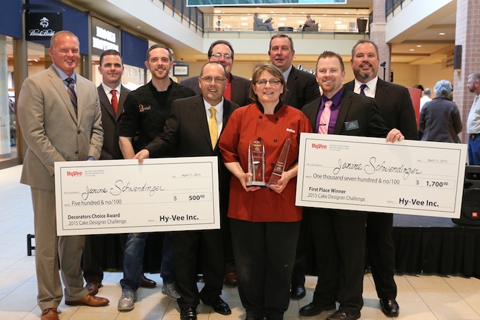 Many were on hand to recognize the winners, including Nate Stewart, Hy-Vee VP of perishables; Jim Wheeler, Hy-Vee bakery supervisor; Joshua John Russell, celebrity guest judge; Dave Brainard, Hy-Vee bakery supervisor; Ray Doughan, Hy-Vee assistant VP of bakery operations; Janine Schwendinger, Hy-Vee bakery designer at Rochester No. 3; Don Wilkens, Hy-Vee bakery supervisor; JD Deering, Hy-Vee bakery supervisor; and Rick Mace, Hy-Vee bakery supervisor.