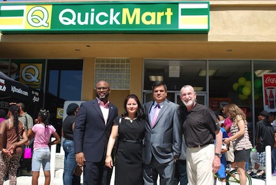 L. David Patterson, Monica Sharma, Raj Narang and Bob Telson at the grand opening of Quick Mart’s newest convenience store in Los Angeles earlier this month. (Photo by Parimal M. Rohit, for India West)