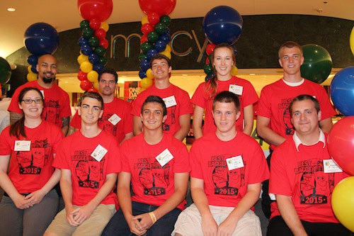 The 2015 Minnesota best bagger contestants, front row from left, Cassie Anderson, Mackenthun’s Fine Foods, Waconia; Evan Ditter, Almsted’s Fresh Market, Crystal; Brandon Paulson, Teal’s Market, Milaca; Ian Rivers, Coborn’s, Buffalo; and Kameron Nitcher, Fareway Stores Inc., Fairmont; and back row, Christian Hamlin, Jubilee Foods, Mound; Mitchell Muller, Glen’s Food Center, Luverne; Lauren Gillson, Lunds & Byerlys, St. Cloud; and Seth Allen, Chris’ Food Center, Sandstone.