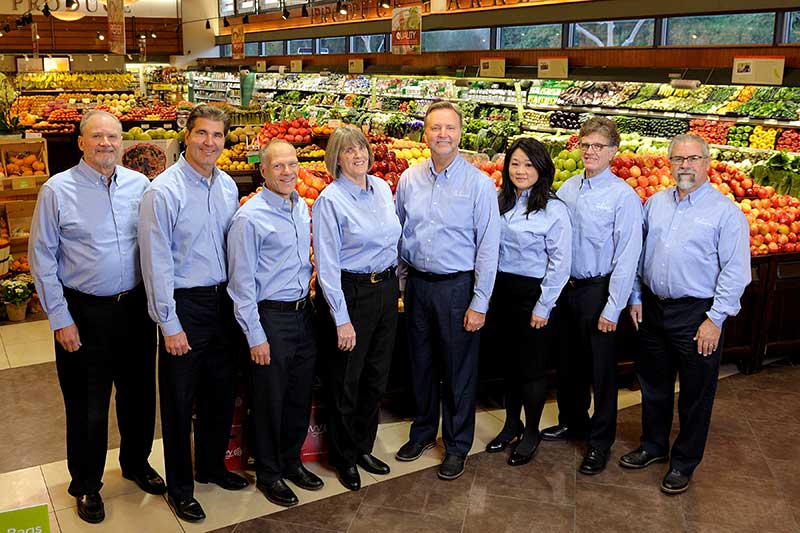 The Gelson’s executive team, from left: Dale Brazdis, SVP-fresh; John Hammack, CFO; John Bagan, chief merchandising officer; Tyndall, SVP-store operations; Rob McDougall, president and CEO; Hee-Sook Nelson, VP of team development and public affairs; Doug Freund, VP of IT; and Tom Frattali, SVP of center store and distribution.